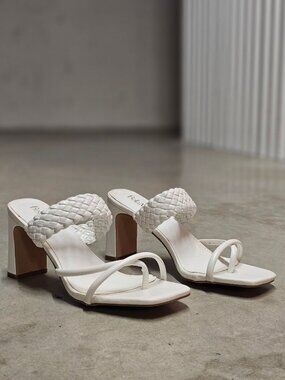Braided Strap Block Heel Sandals In White With Square Toe And Strappy Design